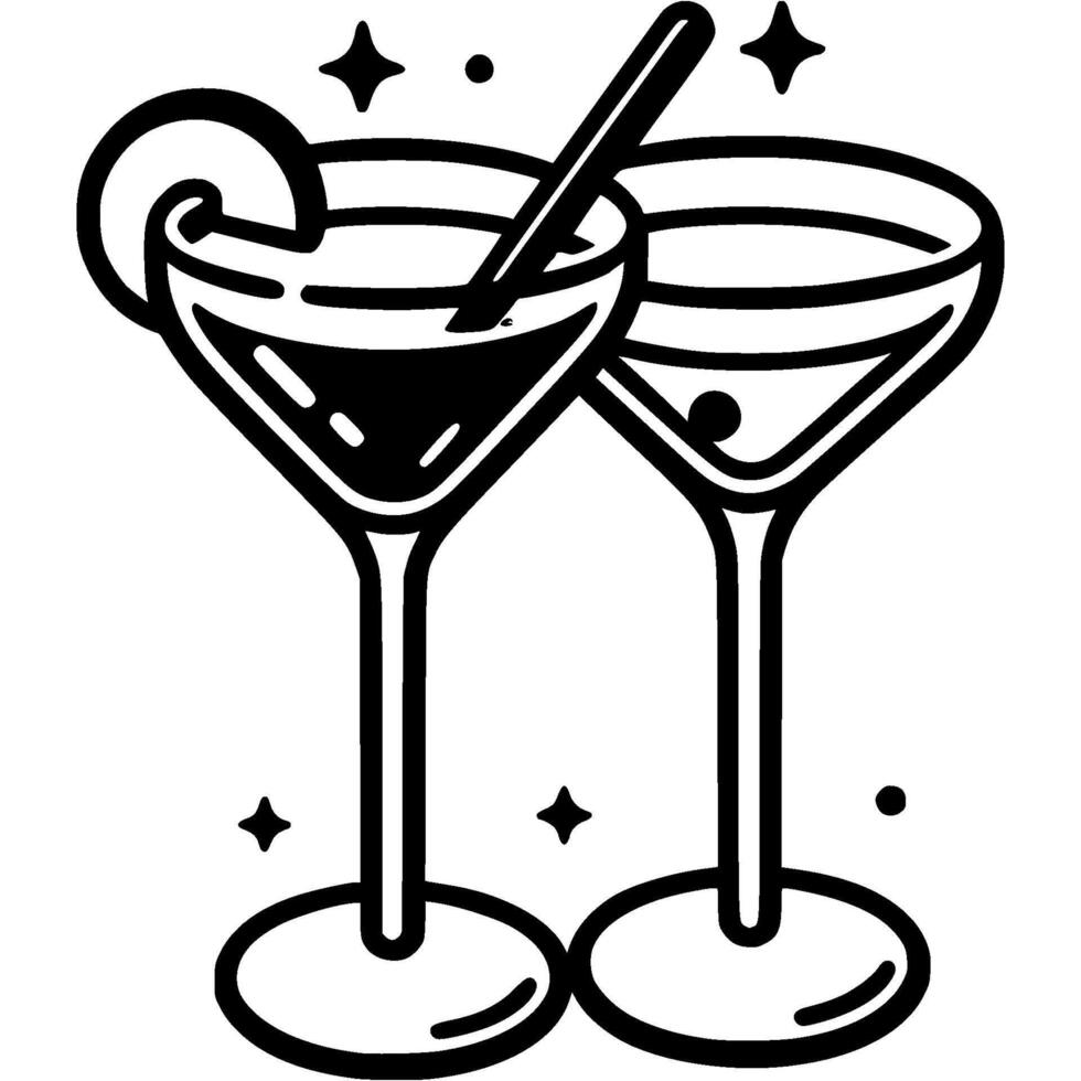 Two tall martini glasses hitting each otherin monochrome. Toast to meeting friends. Simple minimalistic in black ink drawing on white background vector