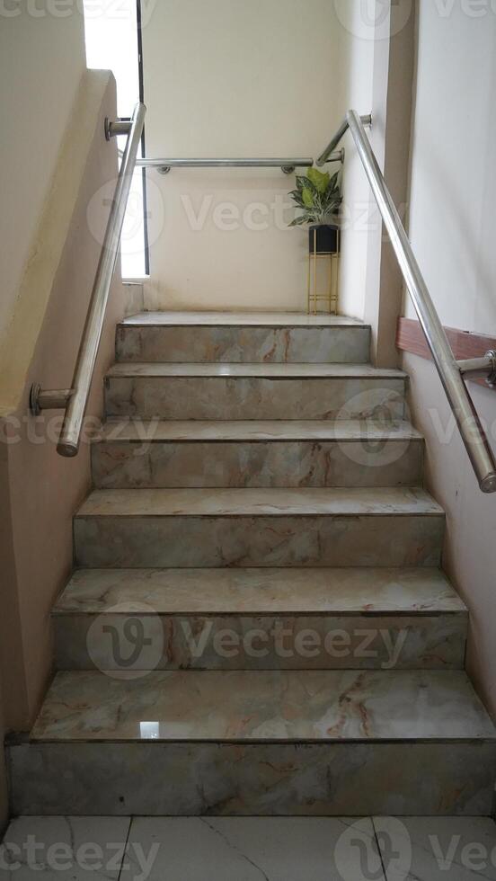 a stairway with a handrail and a plant on the steps photo