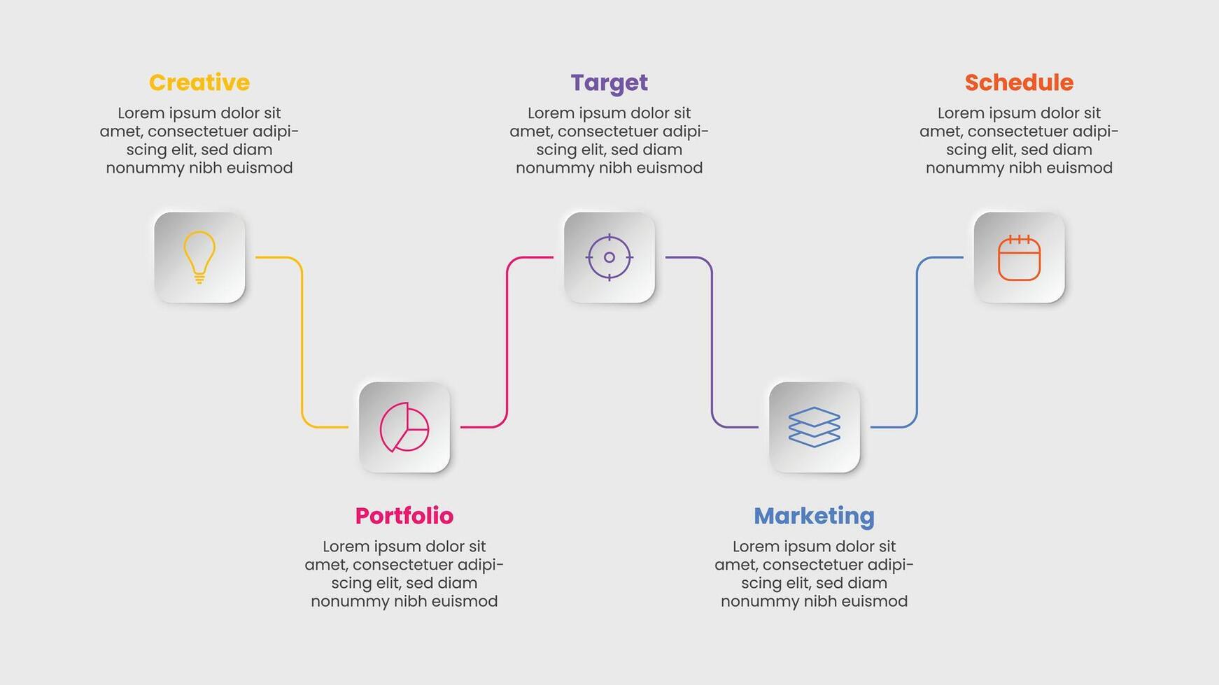 Multicolor neumorphism infographic template. Flowchart business with 5 options. Business presentation in soft UI color. vector