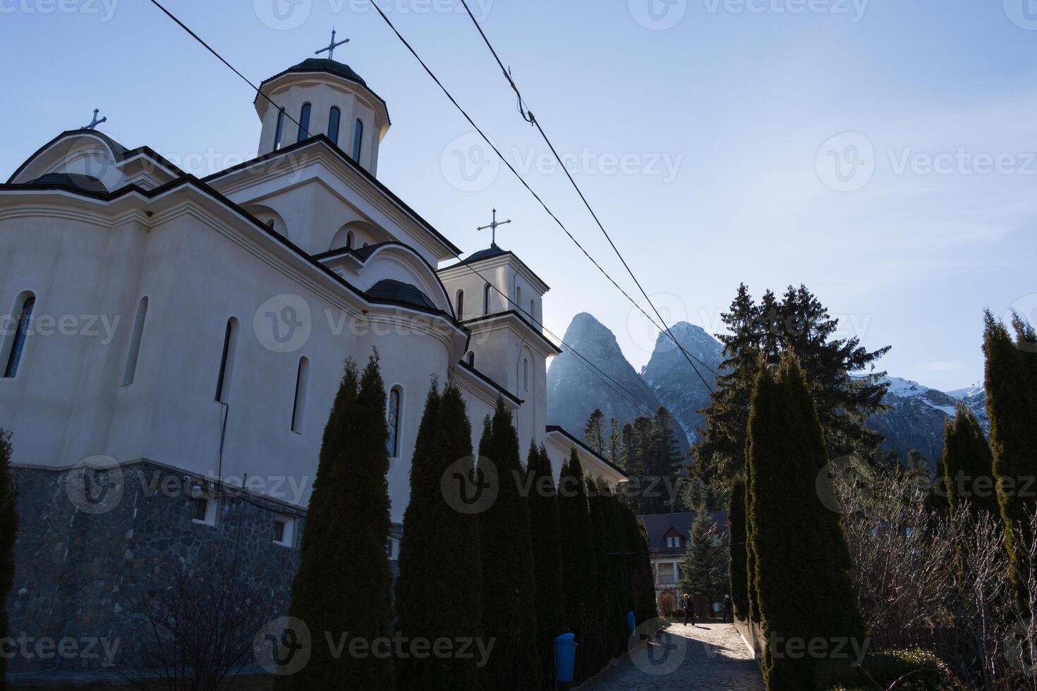 Beautiful forest and mounting view from inside a monastery photo