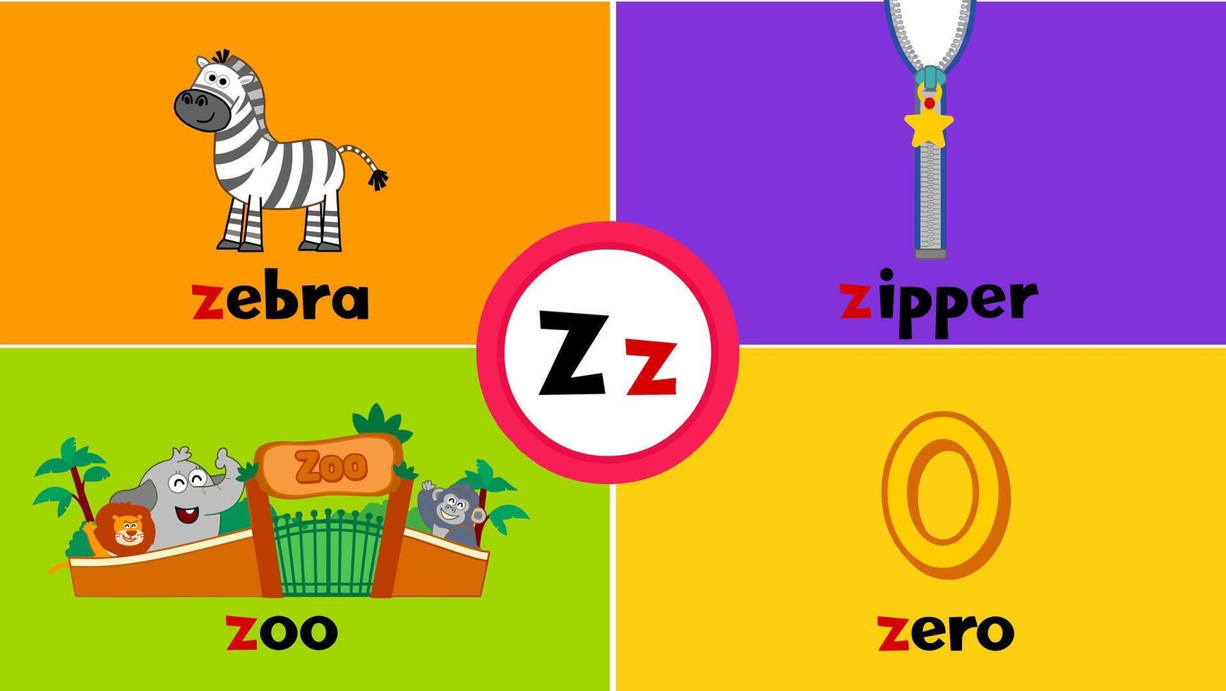 Letter Z z Flashcard for kids with 4 words zebra zoo zipper zero vector