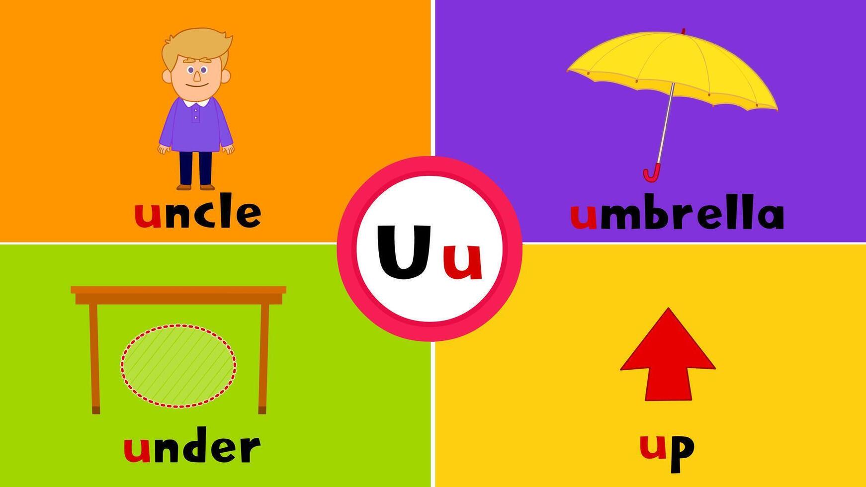 Letter U u Flashcard for kids with 4 words uncle umbrella up under vector