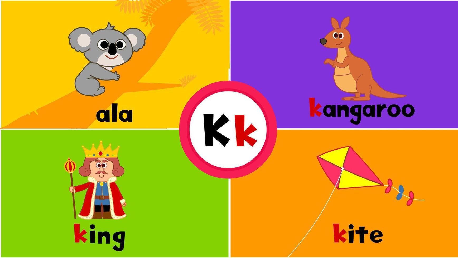 Letter K k Flashcard for kids with 4 words koala king kangaroo kite vector