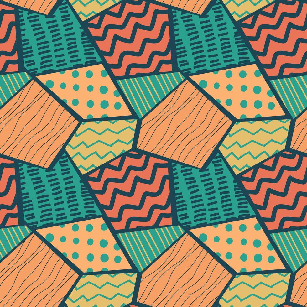 A pattern made of geometric shapes with texture. Triangles, rhombuses, hexagons. Circles, stripes, zigzags. For textiles, postcards, vector