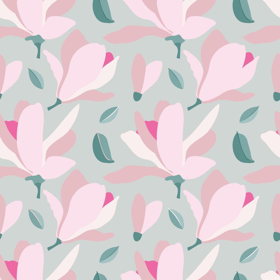 Pattern with Magnolia flowers. Pink on Gray background vector