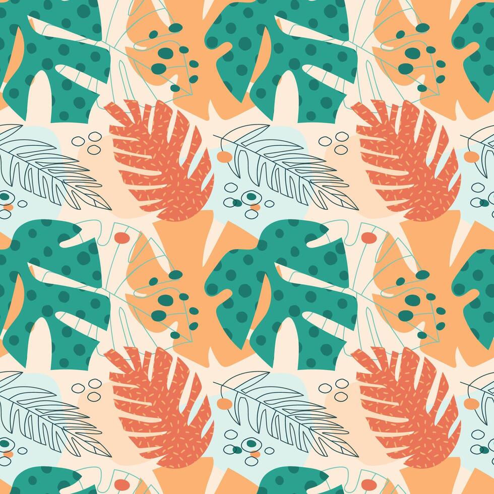 A pattern with tropical leaves. Pink, green pastel colors. vector