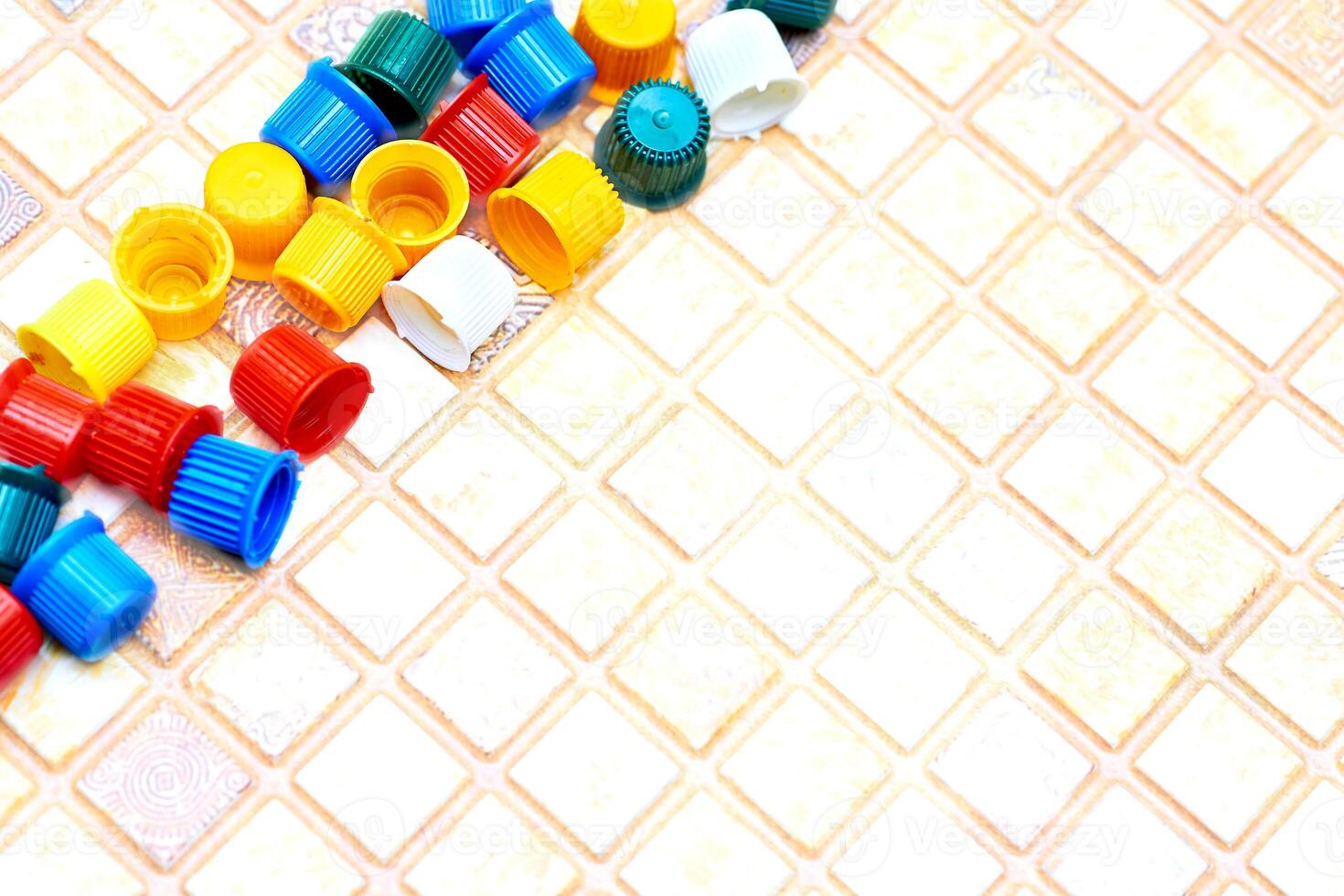 Multi colored caps lids for ketchup, mayonnaise, mustard, sauces photo