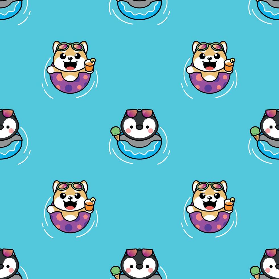 CUTE SHIBA DOG AND PENGUIN IS SWIMMING WITH RUBBER RING SEAMLESS PATTERN vector