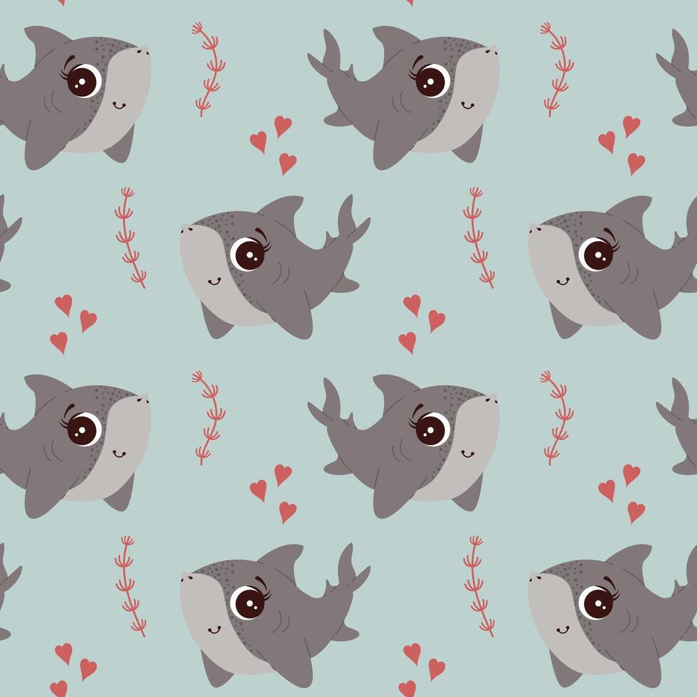 Cute shark and hearts seamless pattern background. Trendy pattern for wrapping paper, wallpaper, stickers, notebook cover. vector