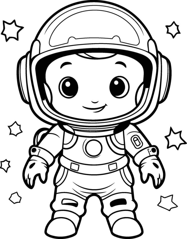 Cute astronaut boy in spacesuit. Black and white illustration. vector