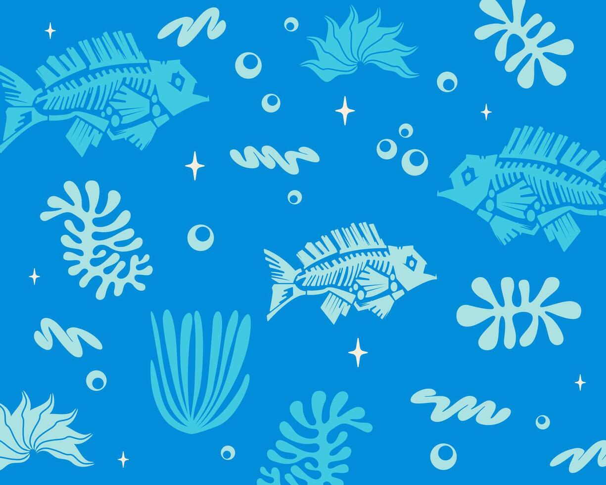Marine life pattern turquoise background fish, coral illustration art print fabric textile apparel editable vector