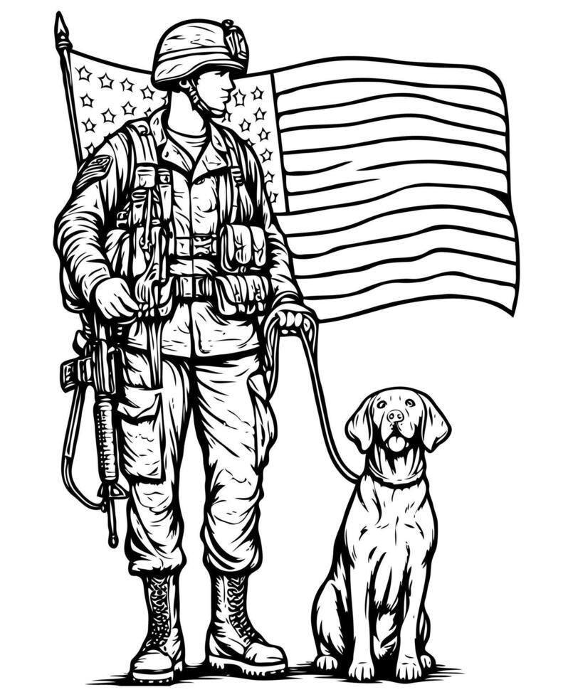 An American soldier standing with a dog coloring page vector
