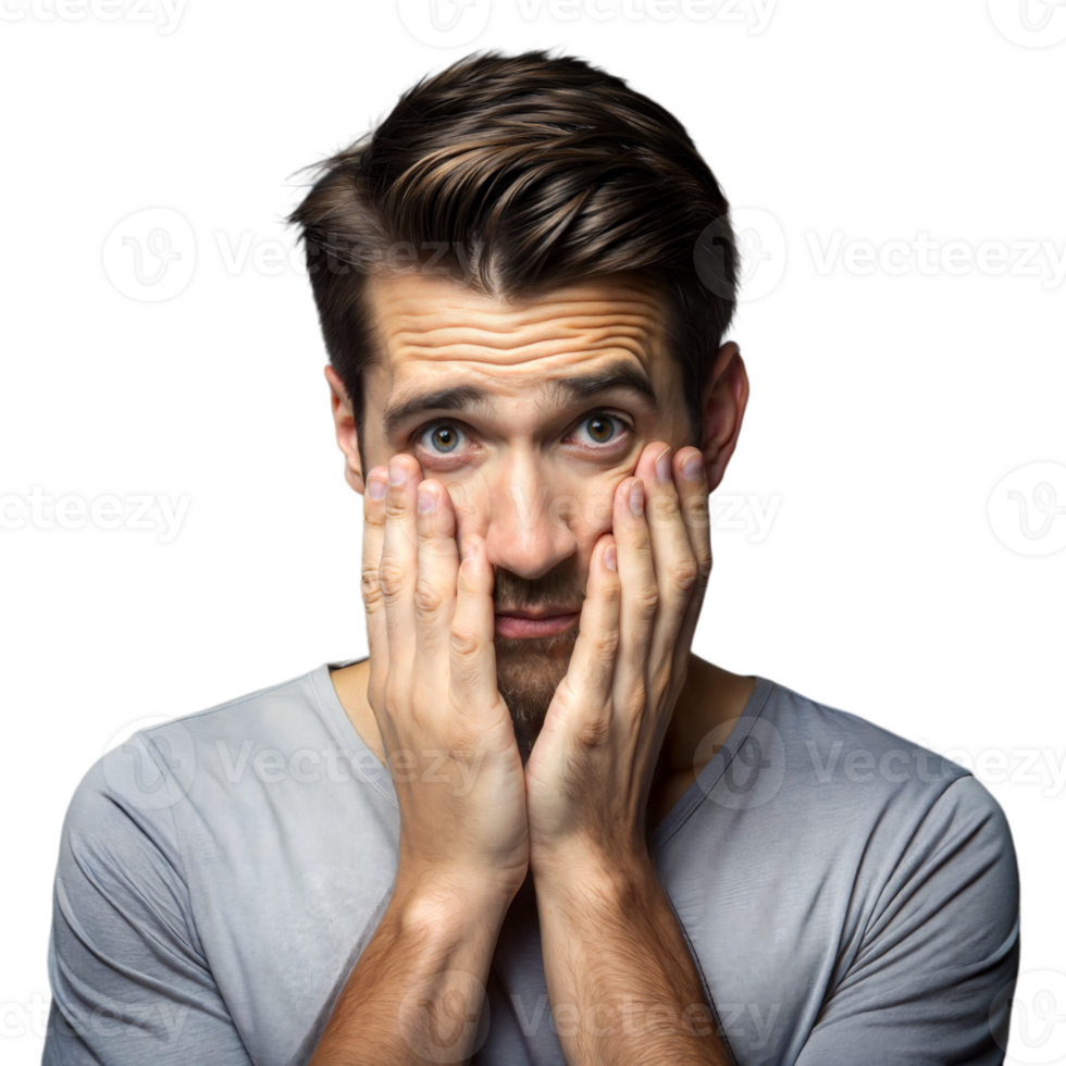 Young Man With a Surprised Expression Resting His Face in His Hands png