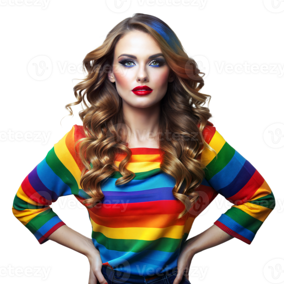 Striking Portrait of a Woman With Bold Makeup and Rainbow Top png