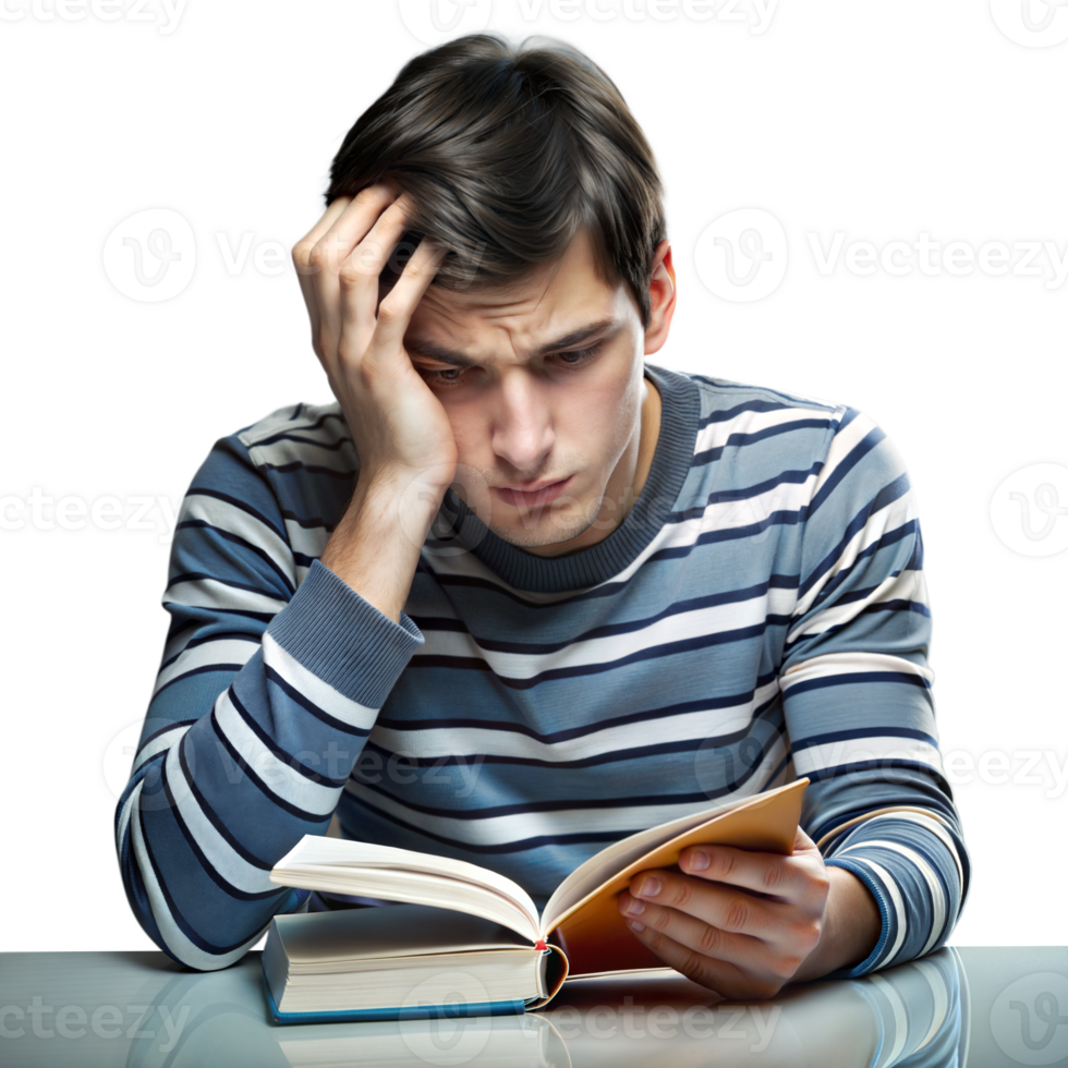 Young Man Concentrating Intently on Reading a Book at a Desk png
