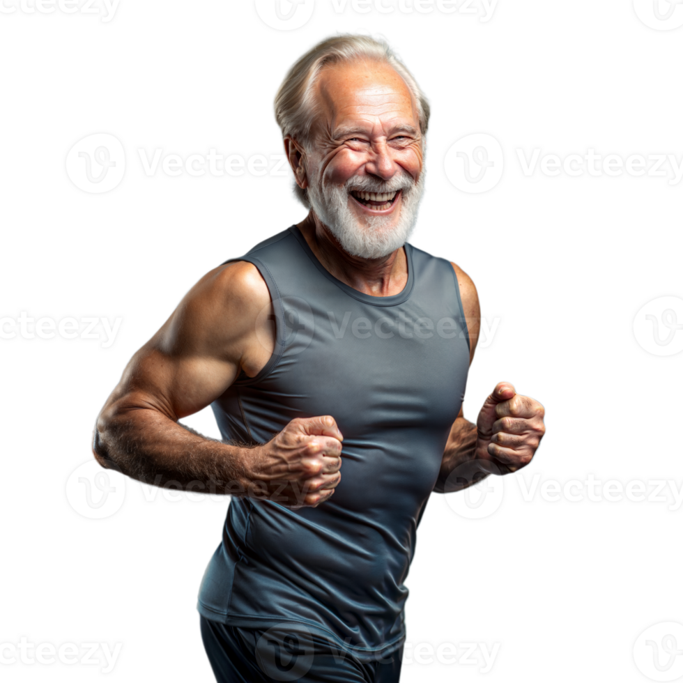 Smiling Elderly Man in Athletic Wear Celebrating Fitness Goals Indoors png