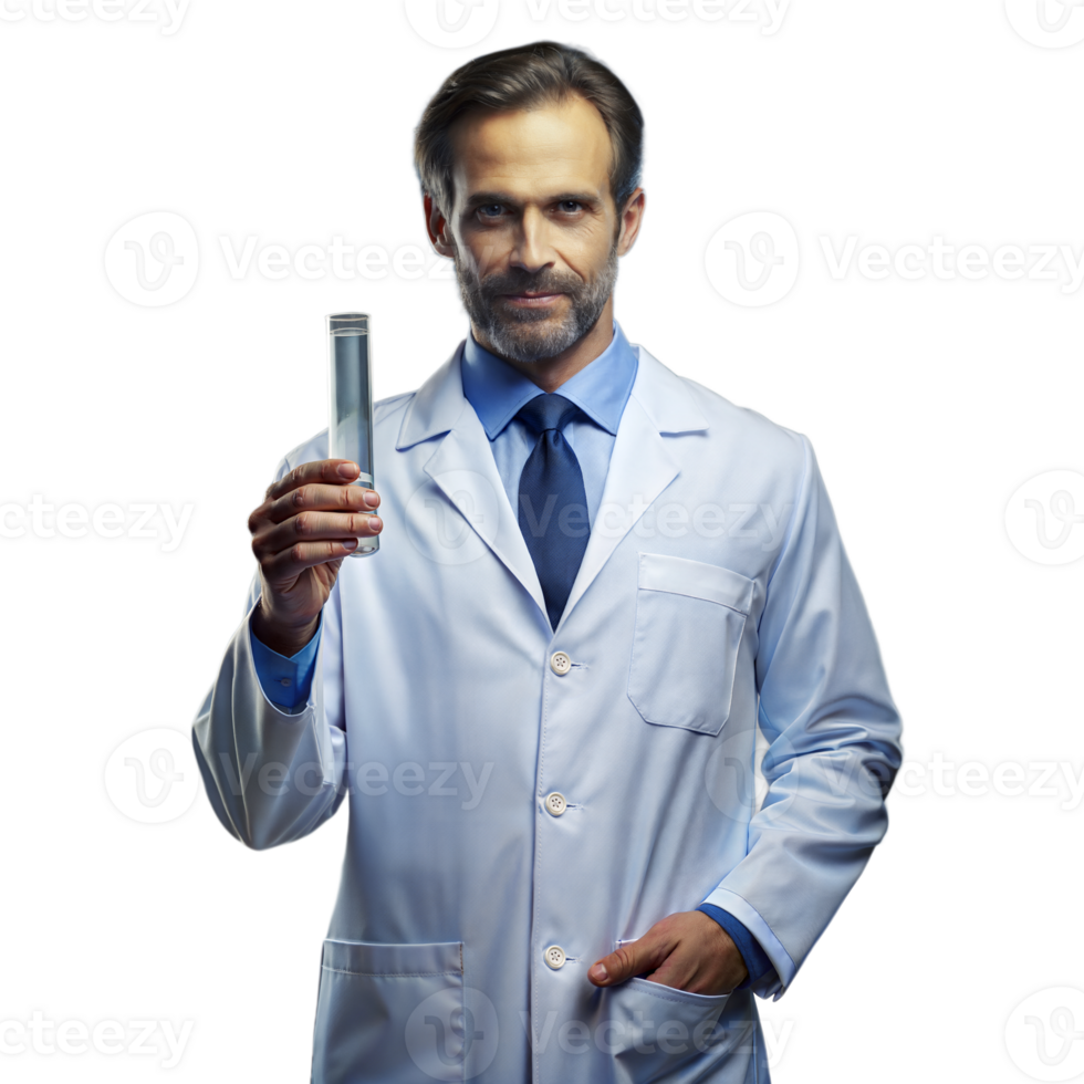 Scientist in Lab Coat Holding Test Tube in Laboratory Setting png