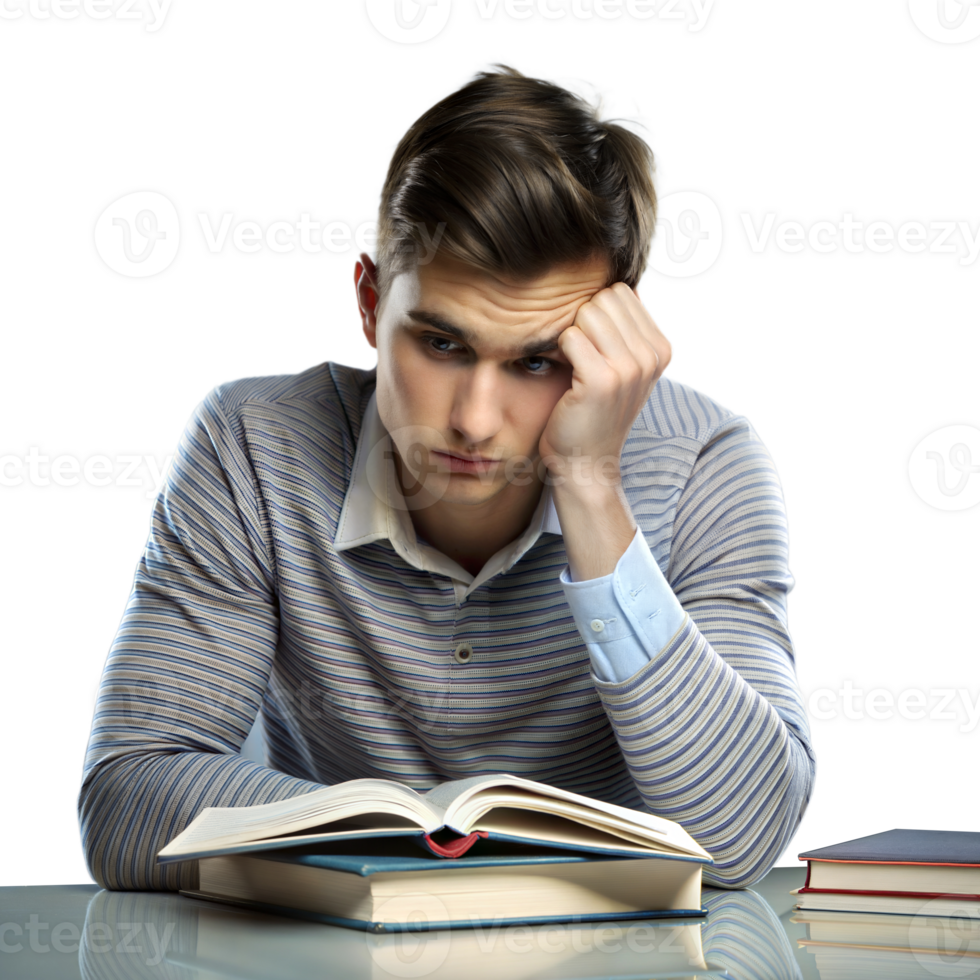 Young Man in Thoughtful Pose Studying a Textbook at a Desk png