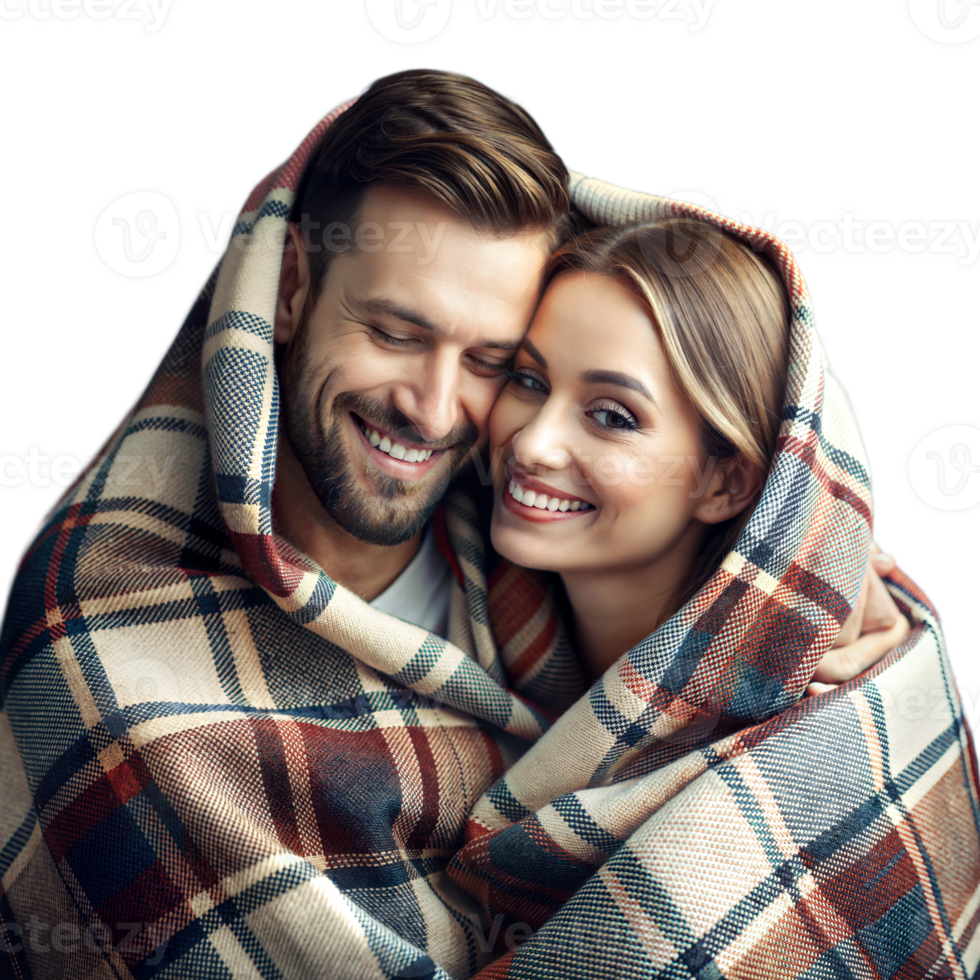 Smiling Couple Embraced in a Plaid Blanket Sharing a Warm Moment Together png