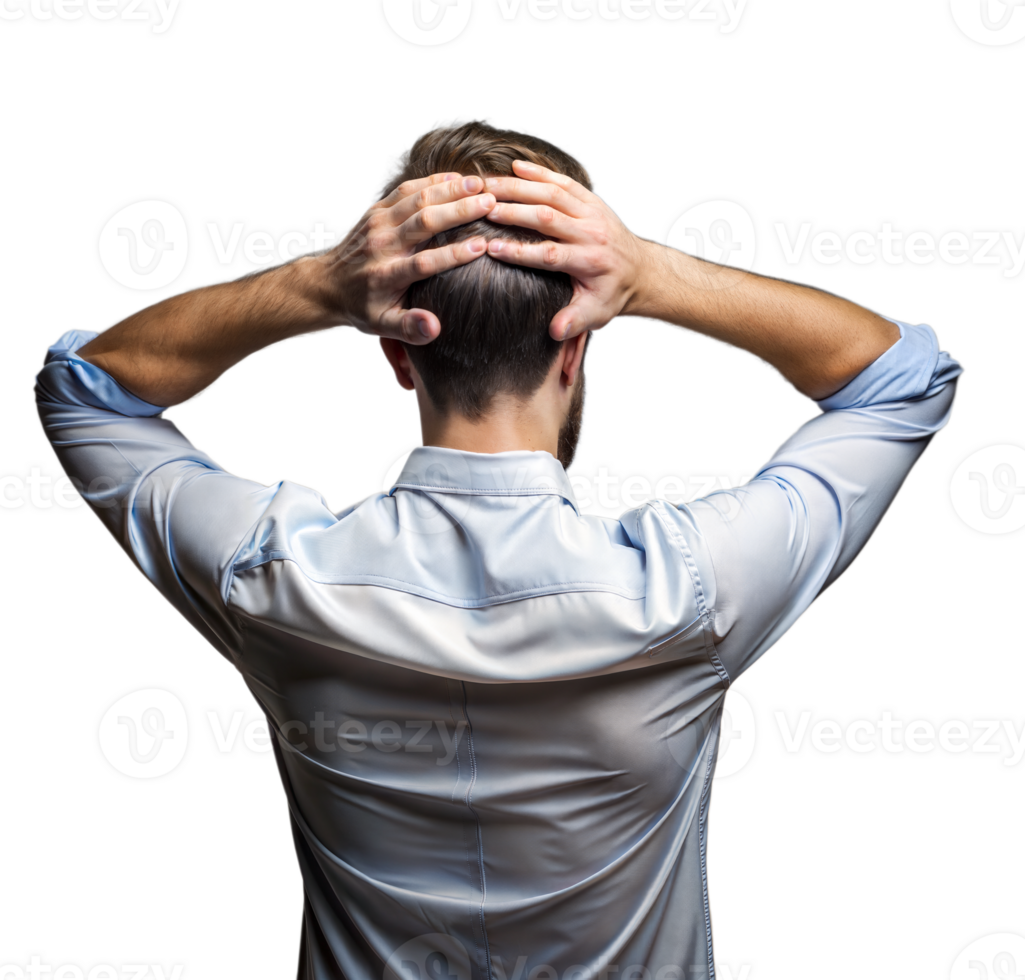 Rear View of a Man in a Blue Shirt Resting His Head on Interlocked Fingers png