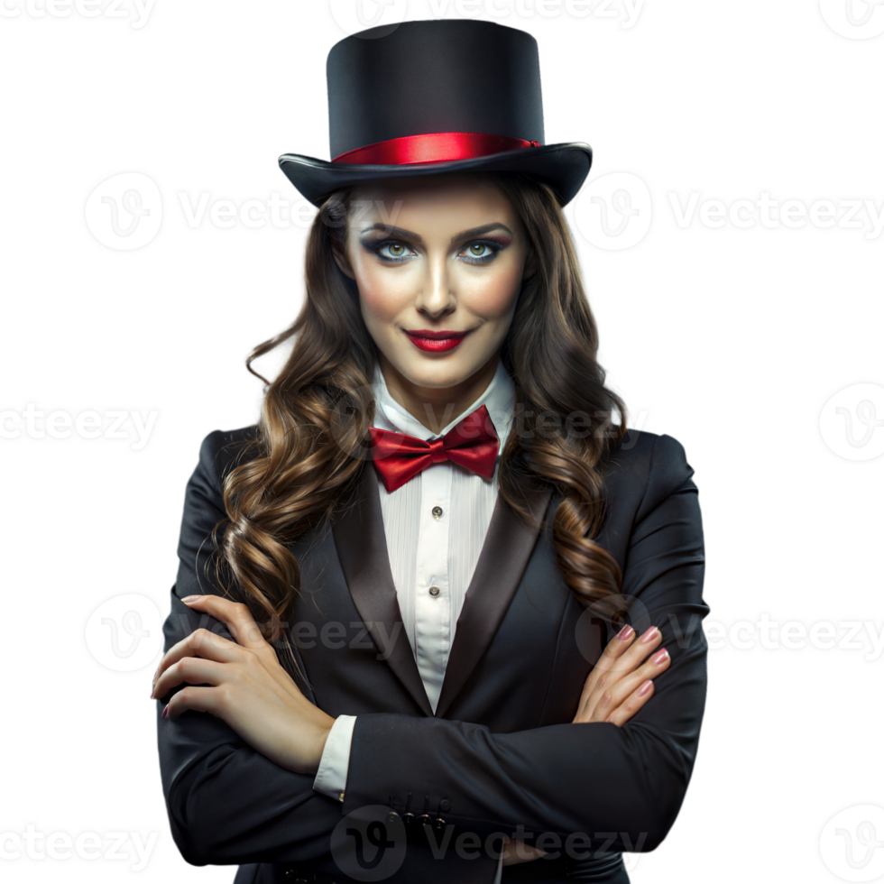 Elegant Woman in Black Tuxedo and Top Hat Posing With Confidence png