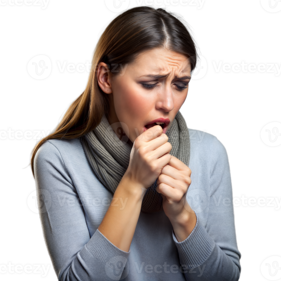 Young Woman Coughing While Wearing a Gray Sweater and Scarf Indoors png