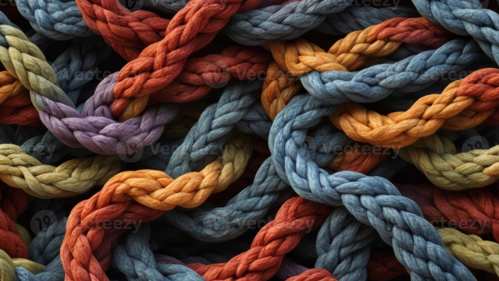 Close up of knot in a braided rope, with each strand carefully woven together to create a beautiful and complex pattern. photo