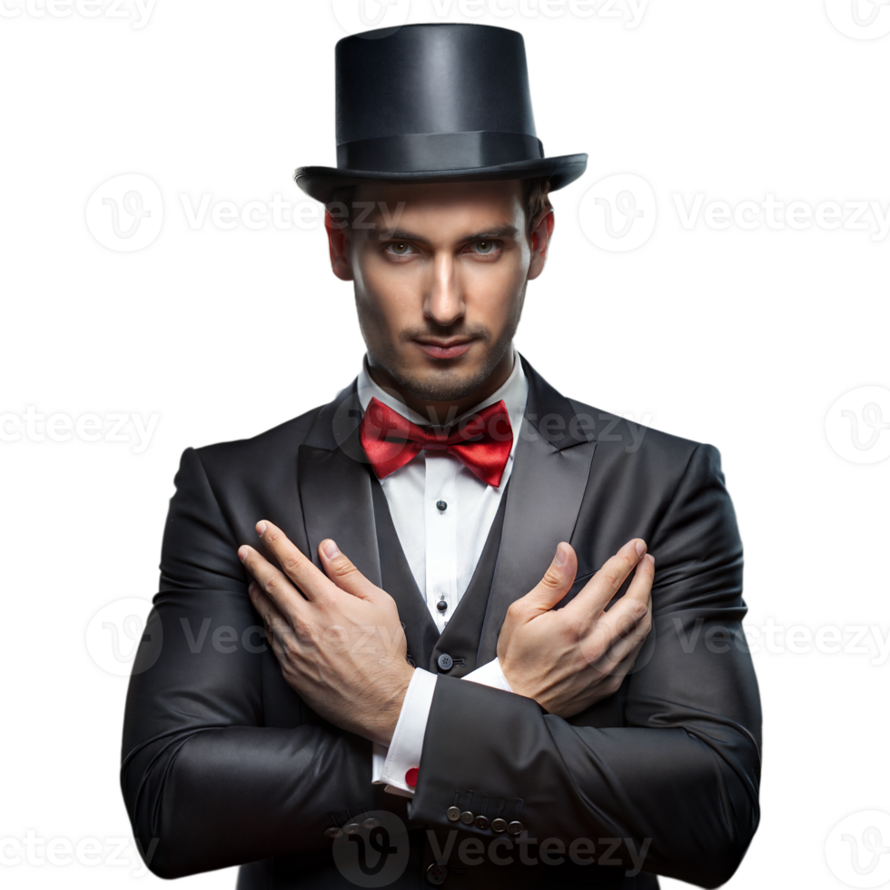 Dapper Magician in Classic Attire With Top Hat and Red Bow Tie png