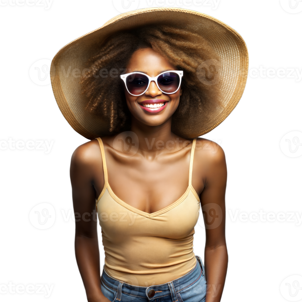 Afro-American Woman Wearing Sunglasses and Straw Hat png