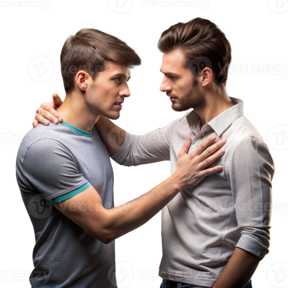 Two Young Men Engaging in a Serious Conversation Indoors During Daytime png