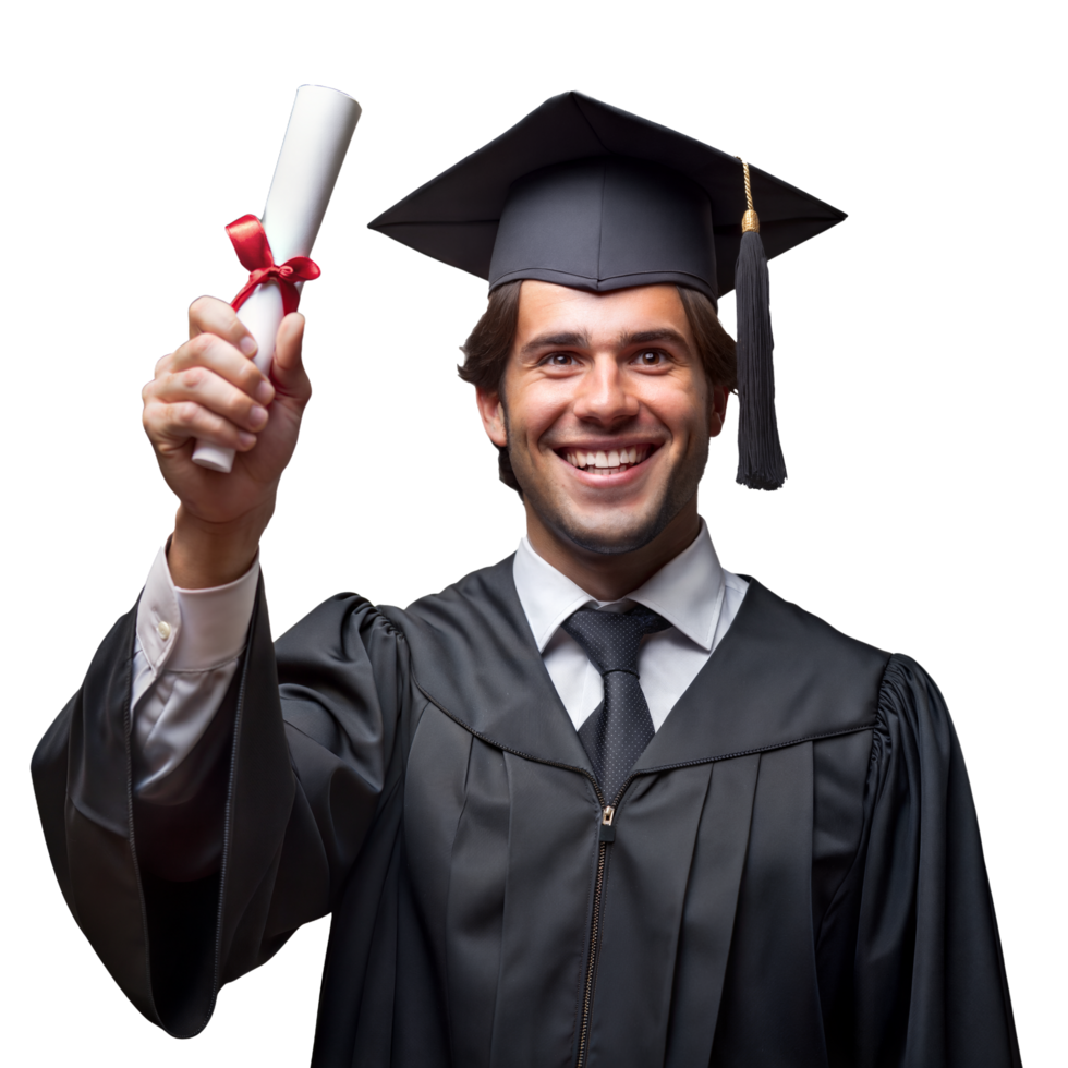 Smiling Graduate in Cap and Gown Holding a Diploma With a Red Ribbon png