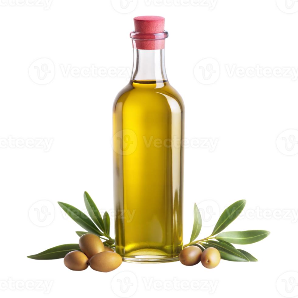 Bottled Olive Oil With Fresh Olives and Green Leaves on a Transparent Background png