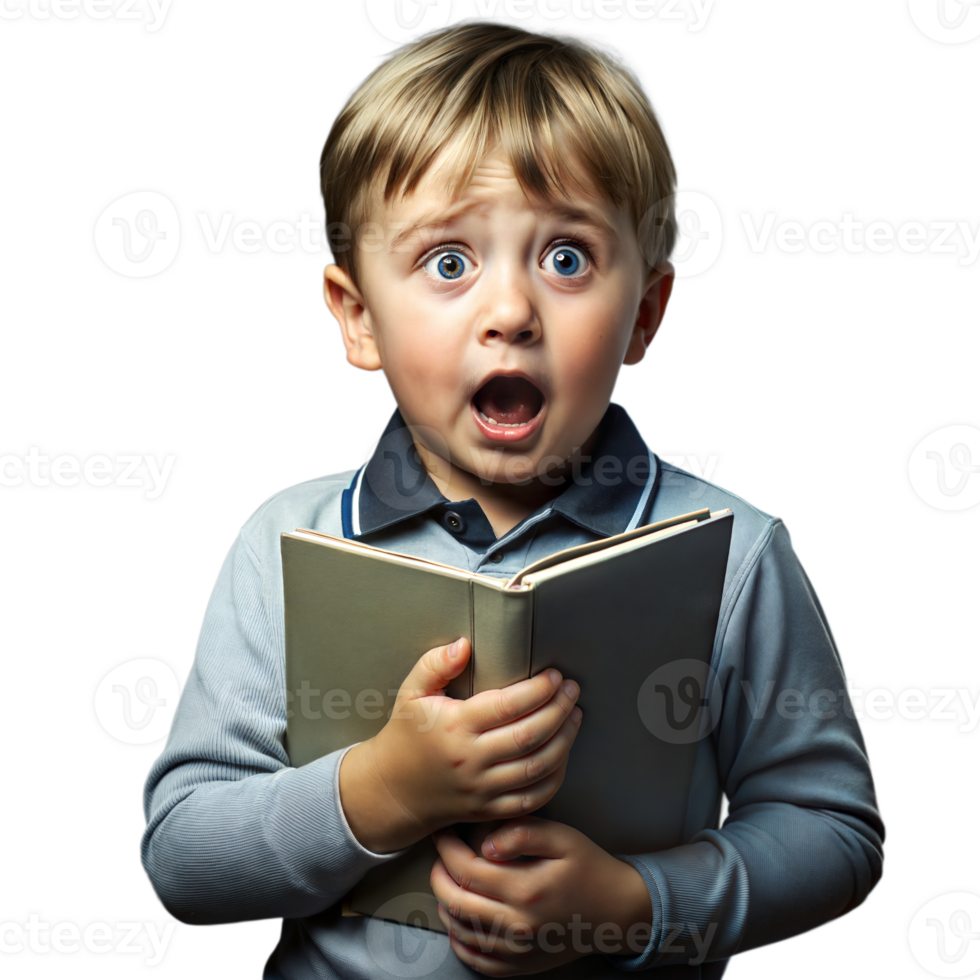 Young Boy With a Shocked Expression While Holding an Open Book png