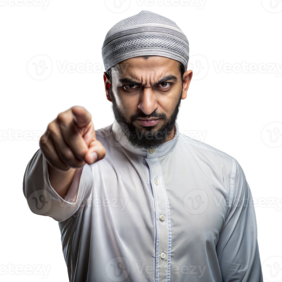 Stern Man in Traditional Middle Eastern Attire Pointing at Viewer png