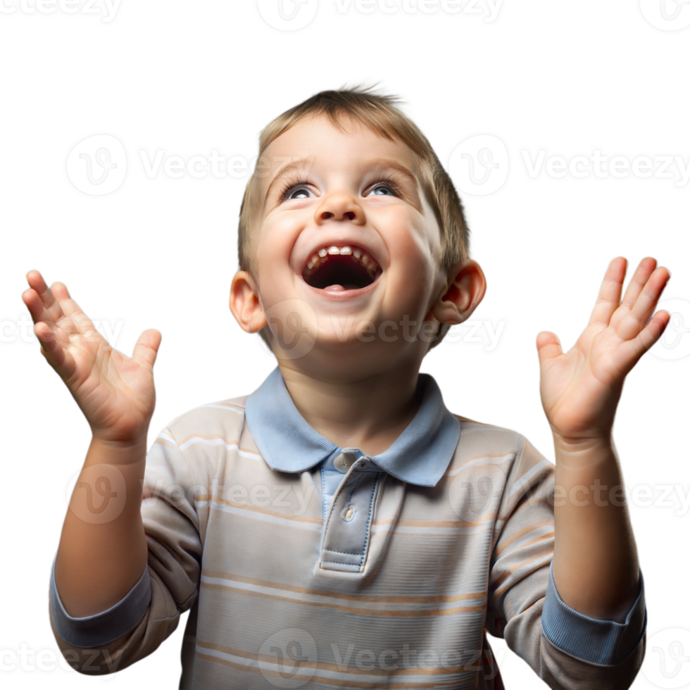 Delighted Young Boy in Striped Shirt Expressing Joy With Raised Hands png