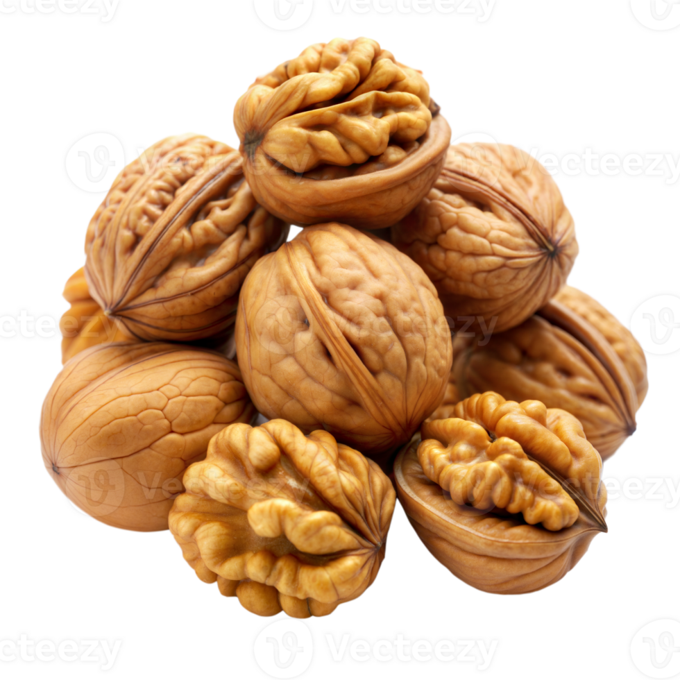 A Heap of Whole and Halved Walnuts on a Transparent Background png