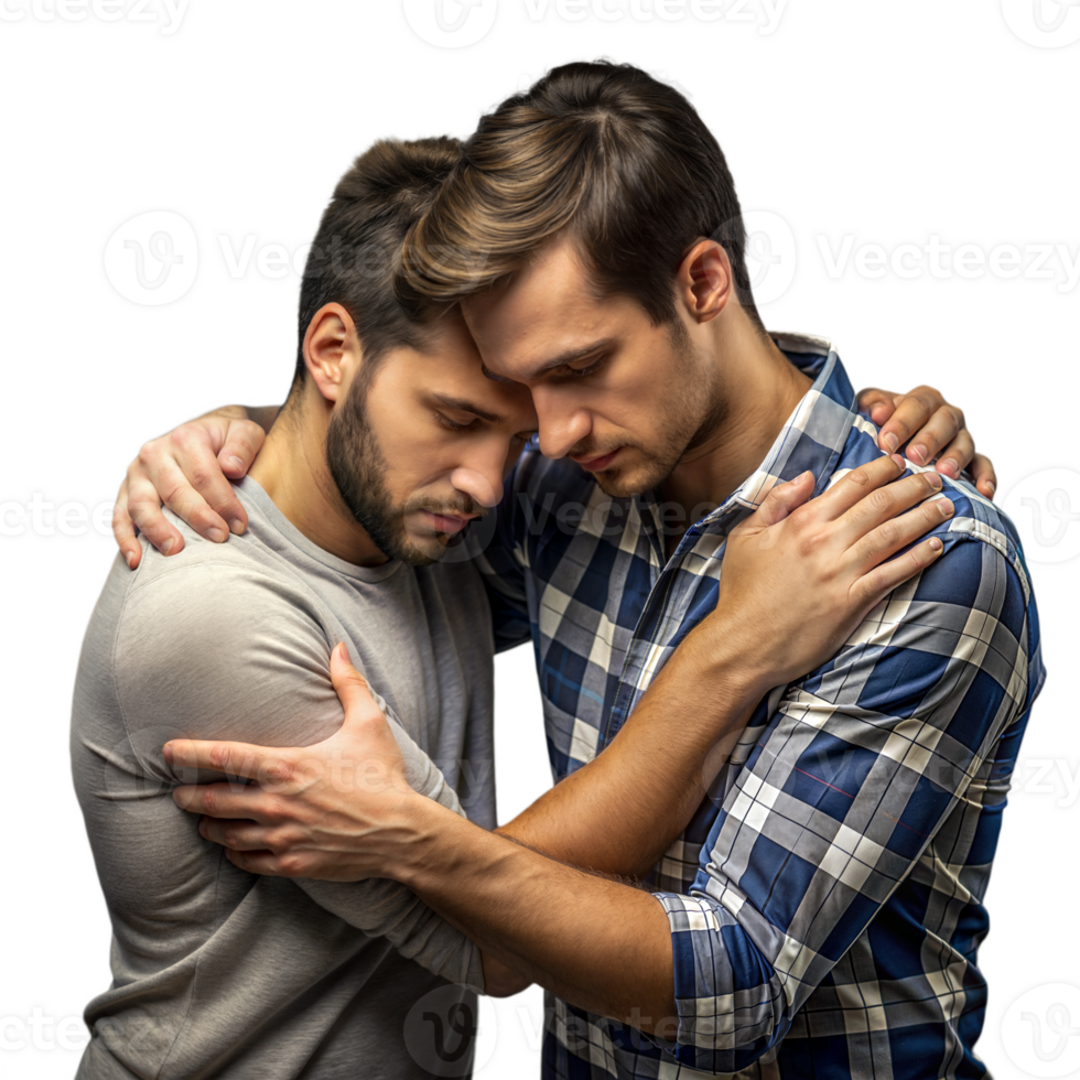 Two Men in Casual Wear Embracing Comfortingly in a Supportive Hug png