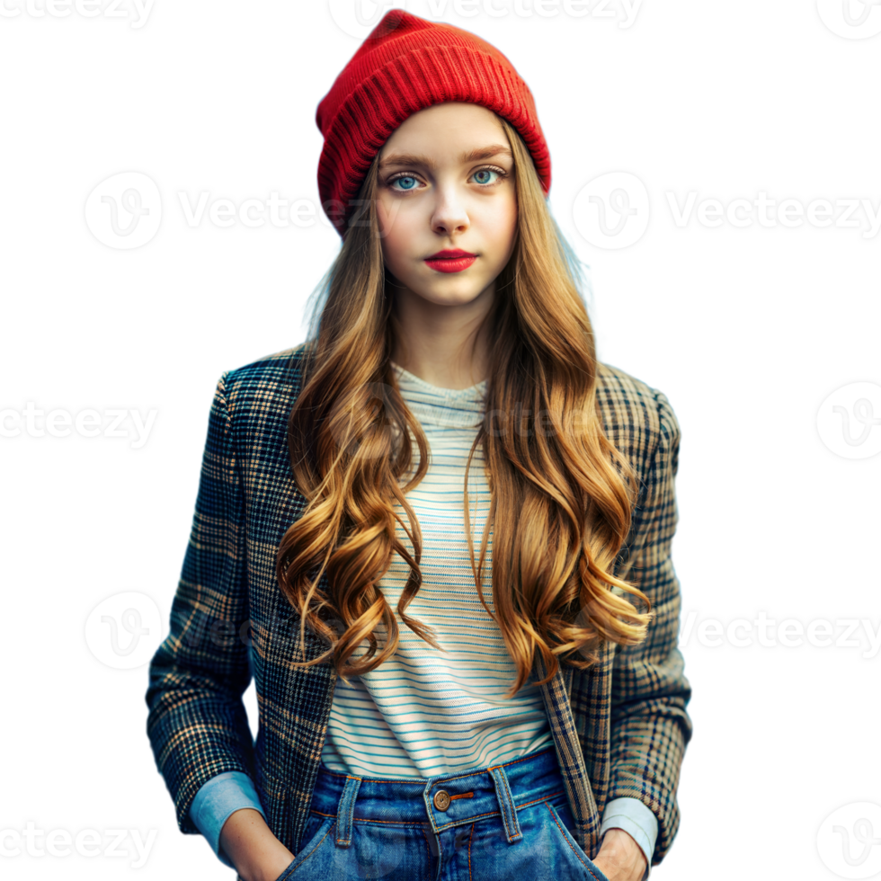 Stylish Young Woman Wearing Red Beanie and Plaid Jacket png