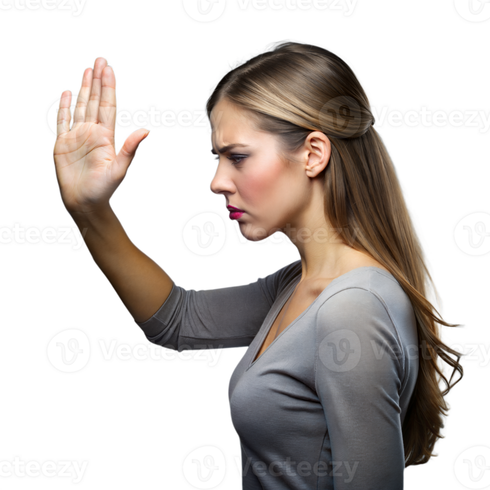 Young Woman Gesturing Stop With Her Hand in a Studio Setting png