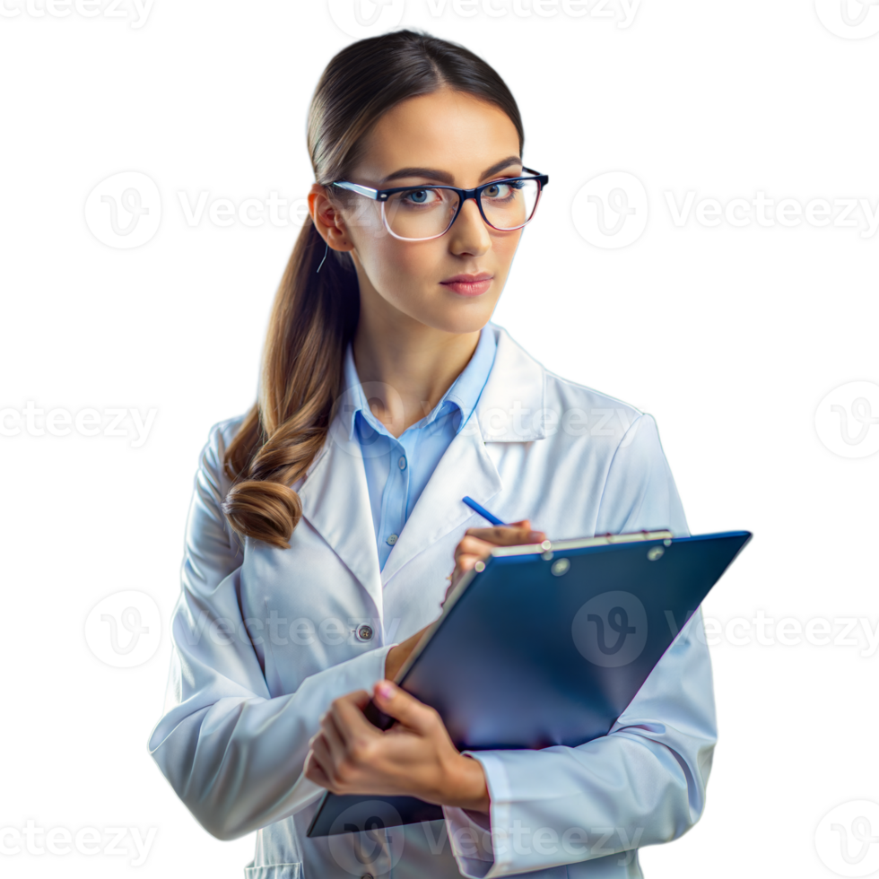 Young Female Doctor in White Coat Holding Clipboard png