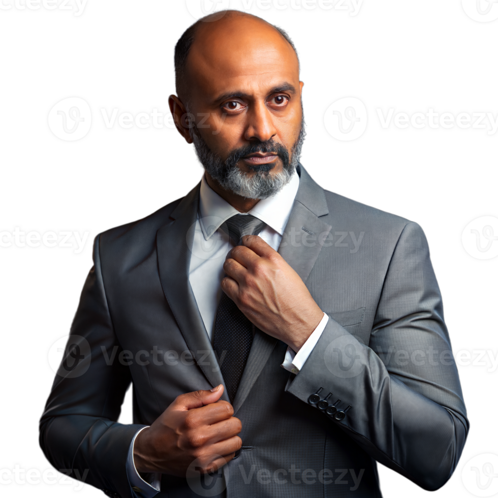 Businessman Adjusting Tie in Gray Suit With Transparent Background png