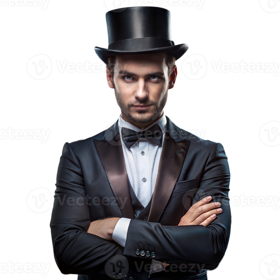 Sophisticated Magician in Top Hat and Tuxedo Posing Confidently Against a Transparent Background png