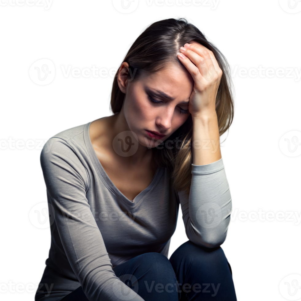 Worried Young Woman Sitting With Hand on Head Showing Stress or Headache png