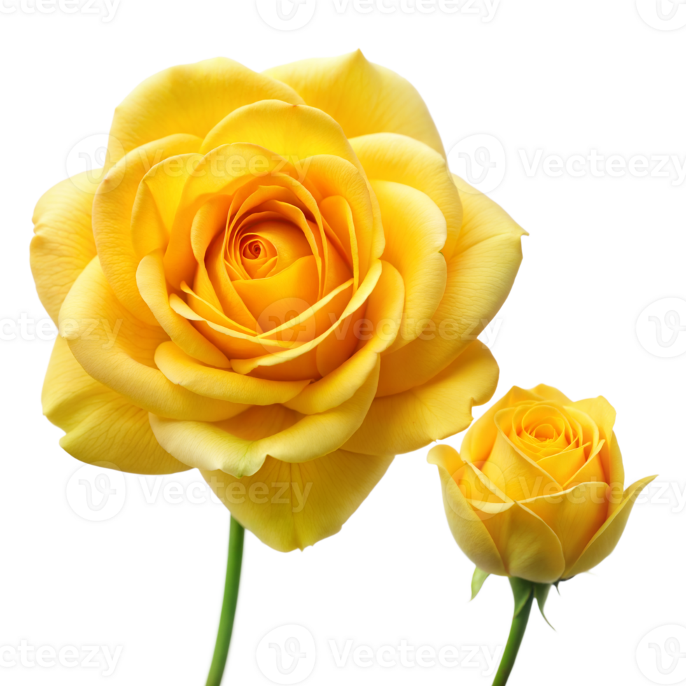 Two Yellow Roses With Stems on Transparent Background in High Quality Close-Up png