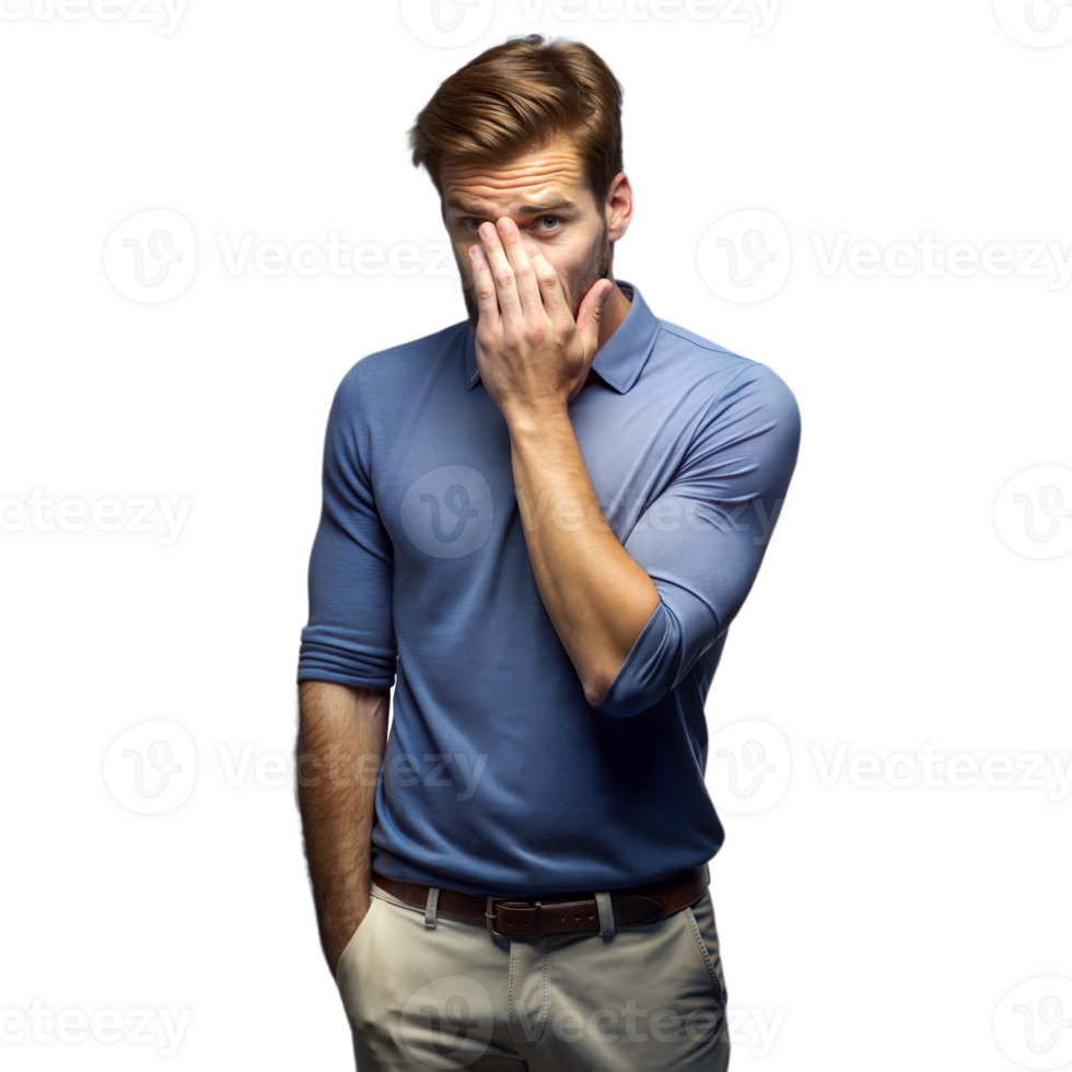 Young Man in Blue Shirt Covering Half of His Face With Hand png