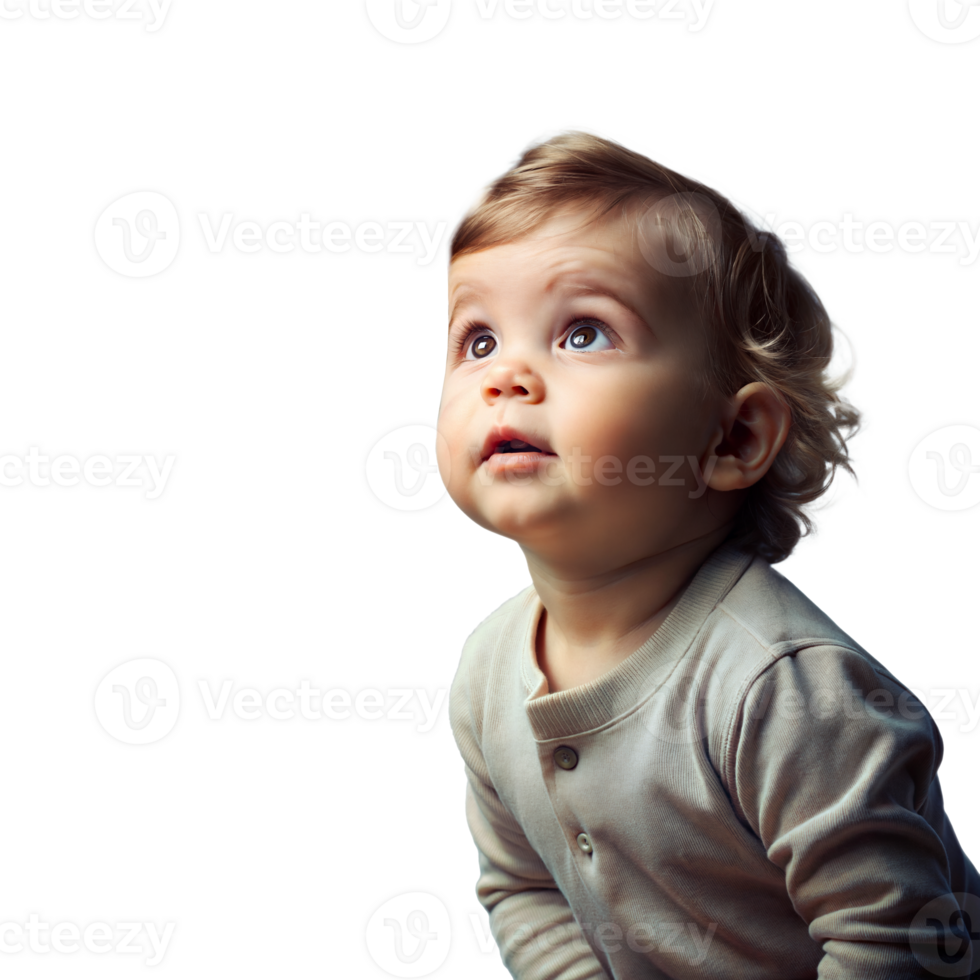 Curious Toddler Gazing Upward With Wide Eyes in a Brightly Lit Indoor Setting png