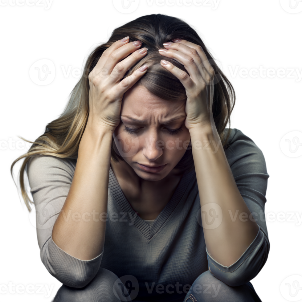 Distressed Young Woman Sitting With Hands on Head Showing Emotional Pain png