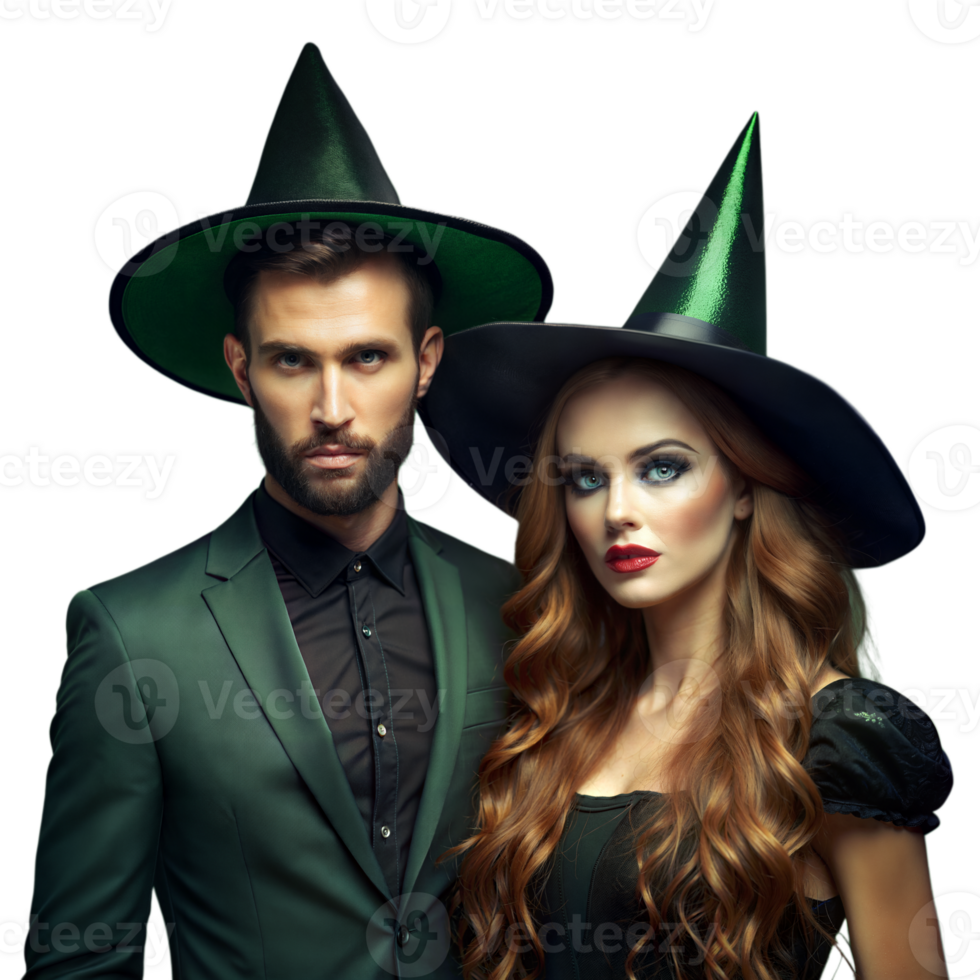 Two People in Witch Costumes With Tall Hats in Studio Setting During Daytime png