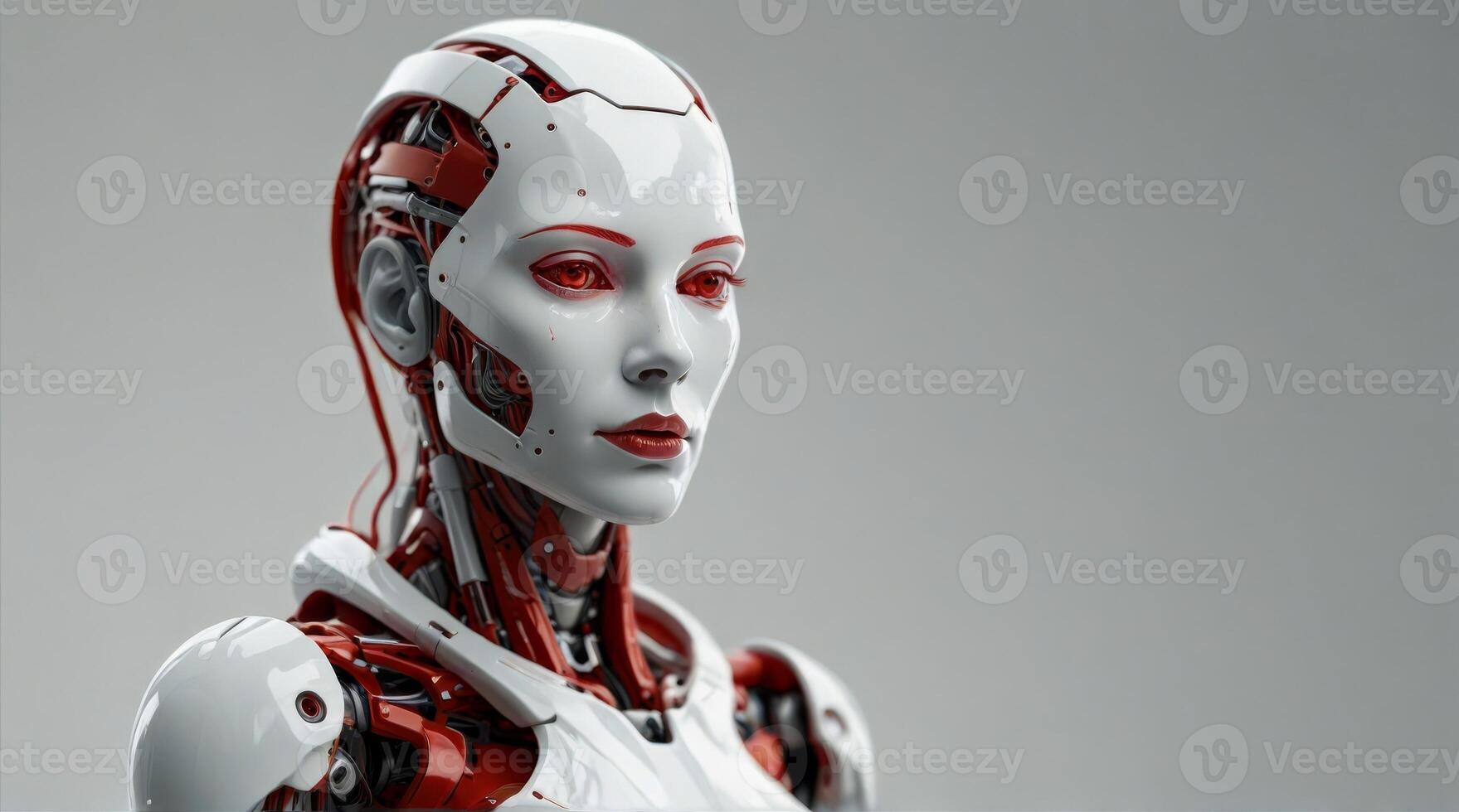 Red modern female robot android on white background, copy text, banner photo