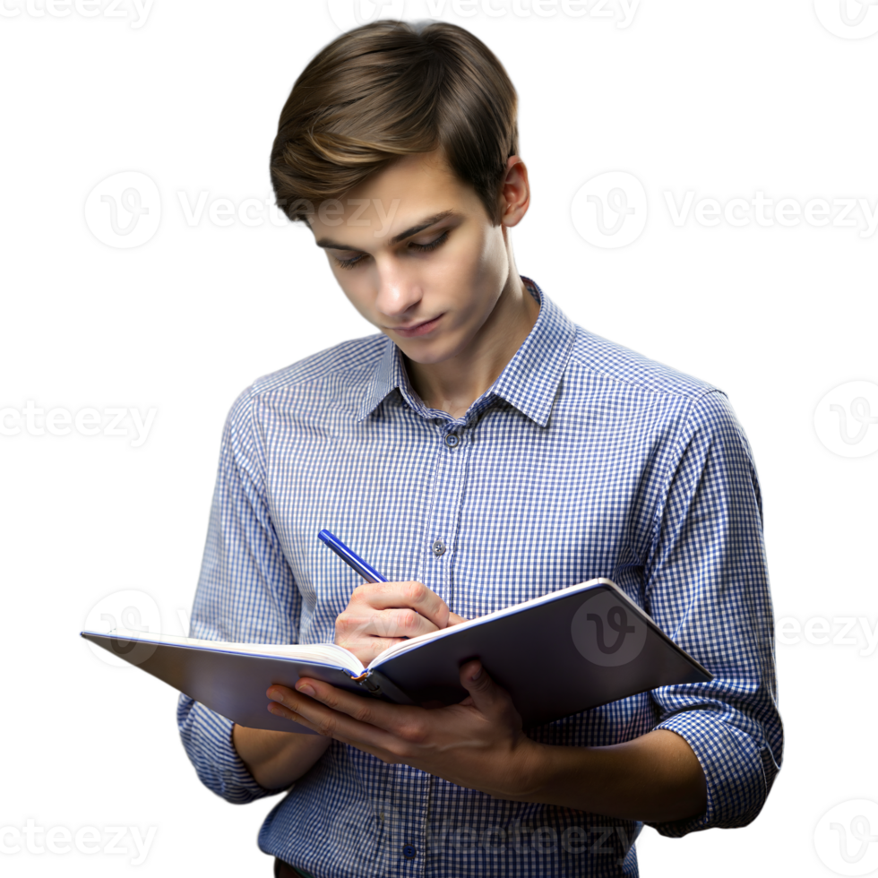 Young Man in Blue Shirt Writing in Notebook Against Transparent Background png